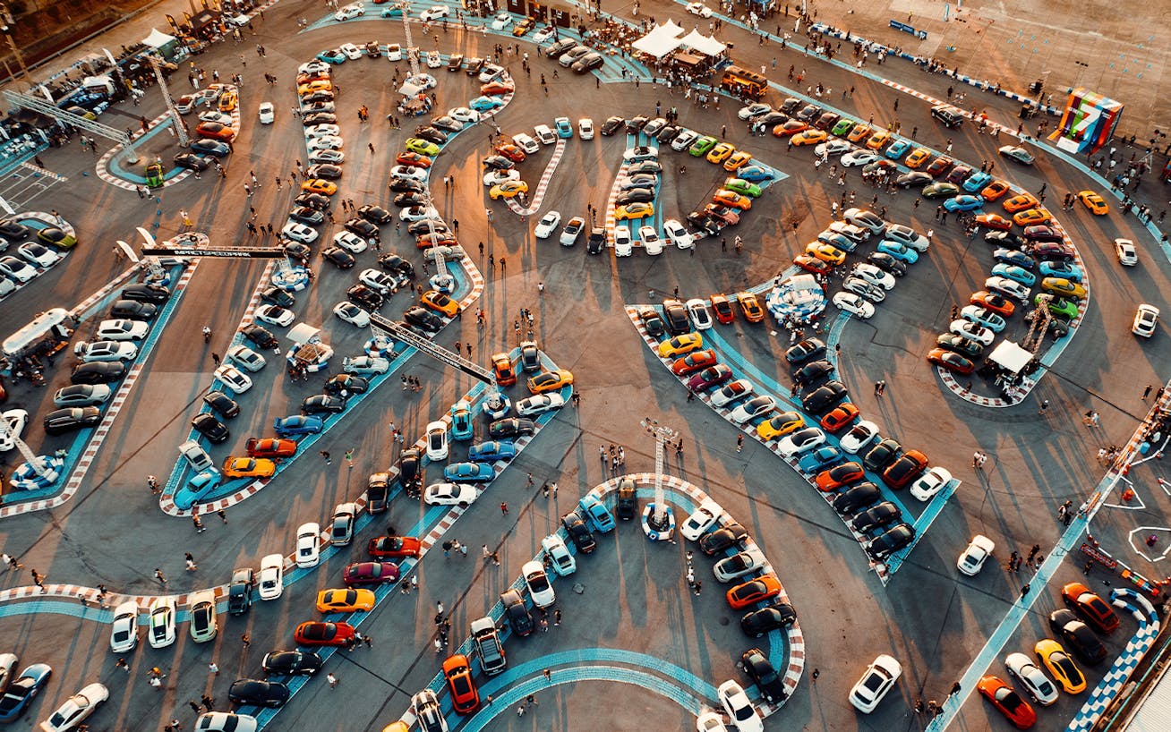 Overhead view of Das Treffen Porsche event in Bangkok, Thailand