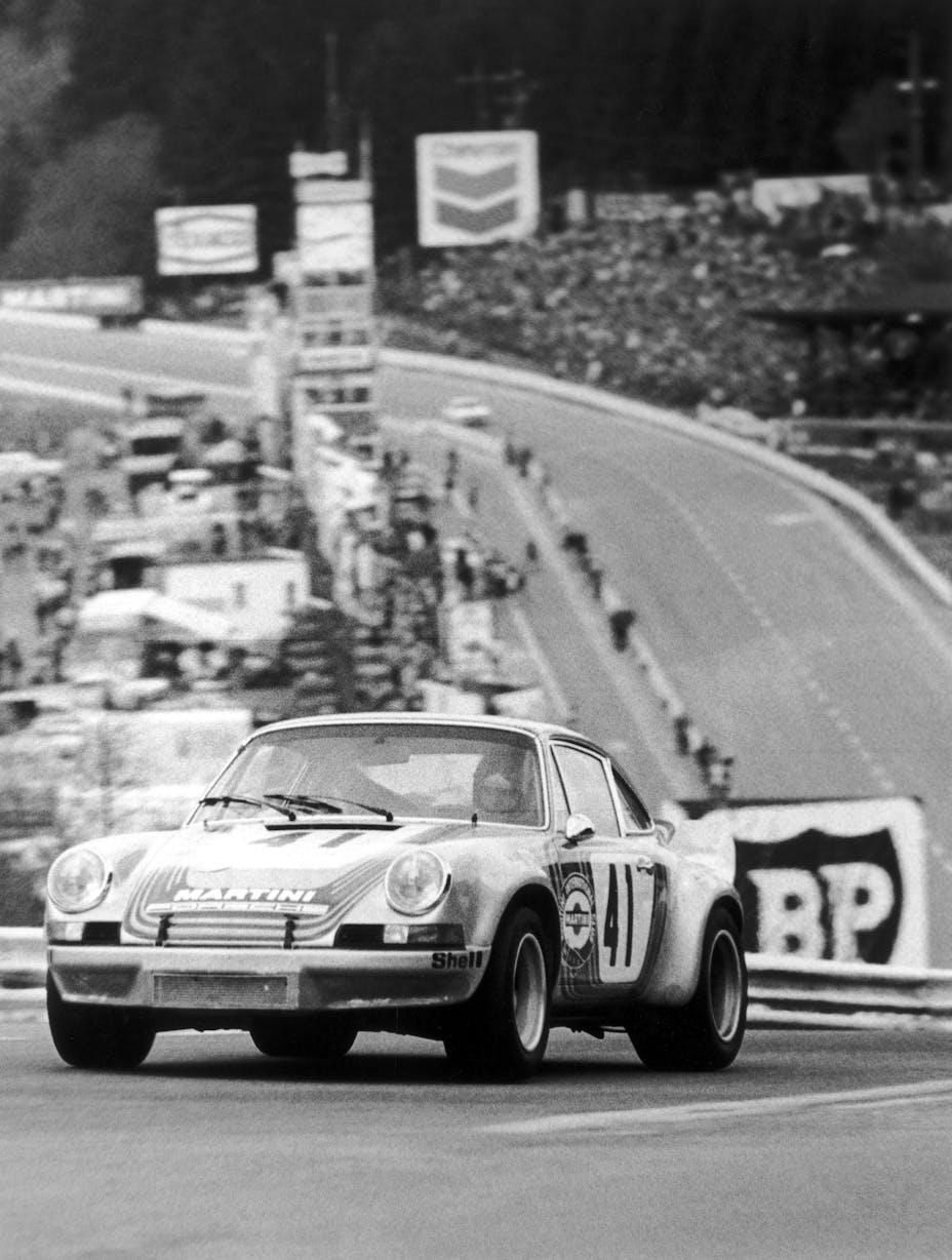 Historic black-and-white photo of a race at Spa-Francorchamps