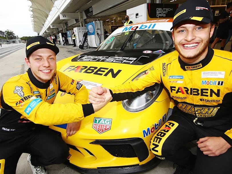 Porsche Cup Brasil driver, Jeff Giassi, with team-mate Enzo Elias in 2021