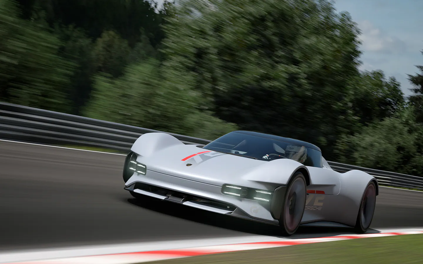 Front view of Porsche Vision GT from Gran Turismo driving on racetrack