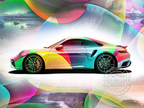 Multicoloured Porsche 911 set on colourful kaleidoscopic background