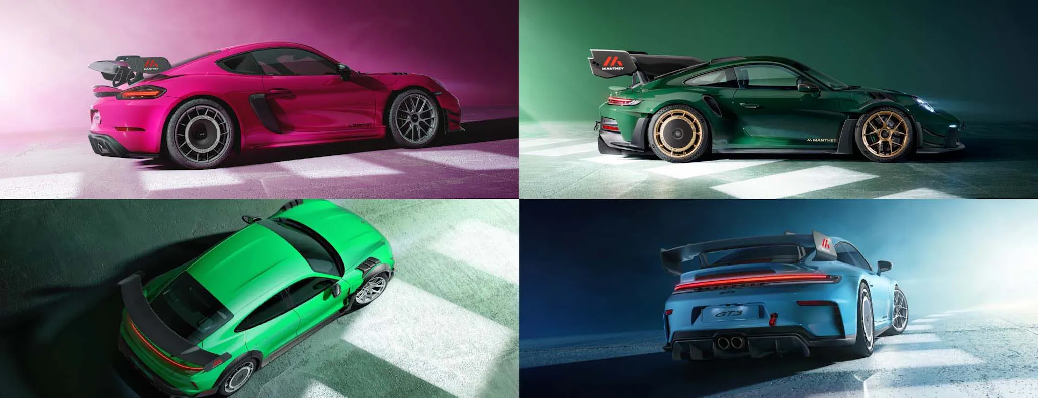 Four Porsche models with Manthey Kit in studio background