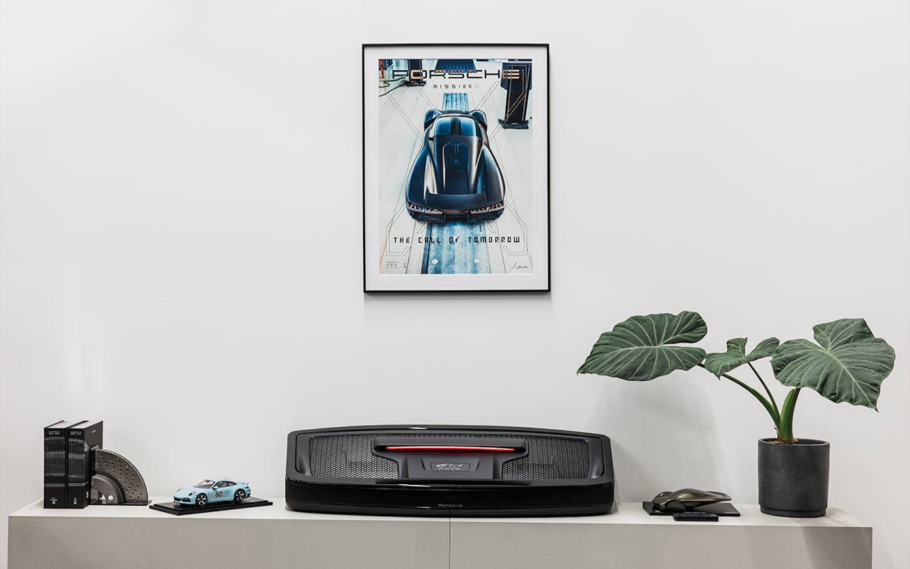 Porsche 911 Soundbar 2.0 on display on top of console 