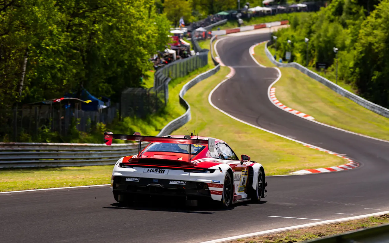 Porsche 911 GT3 R competing at Nürburgring 24 Hours race in May 2026