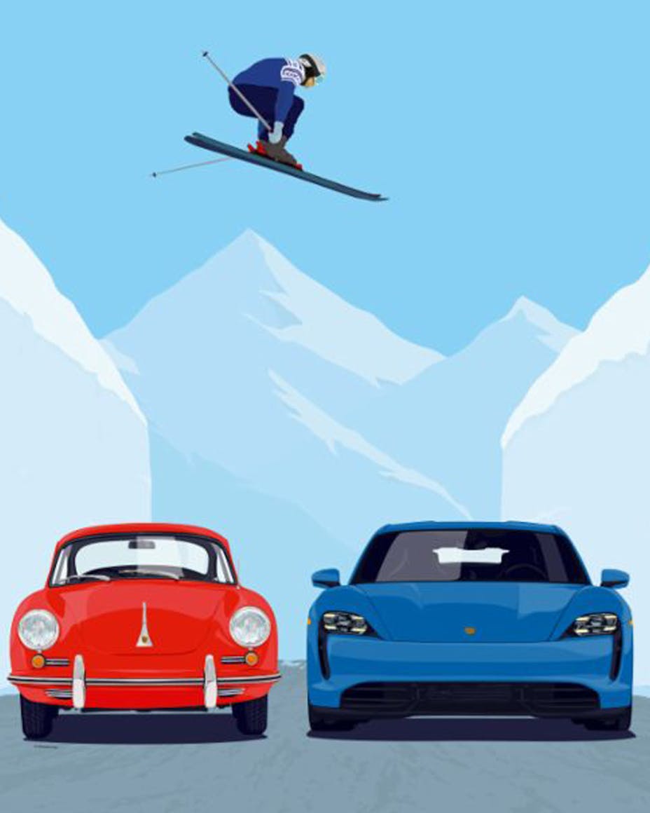 Artwork of skier jumping over Porsche 356 and Taycan