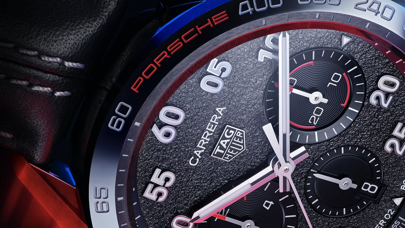 Detail of face of new TAG Heuer Carrera Porsche Chronograph