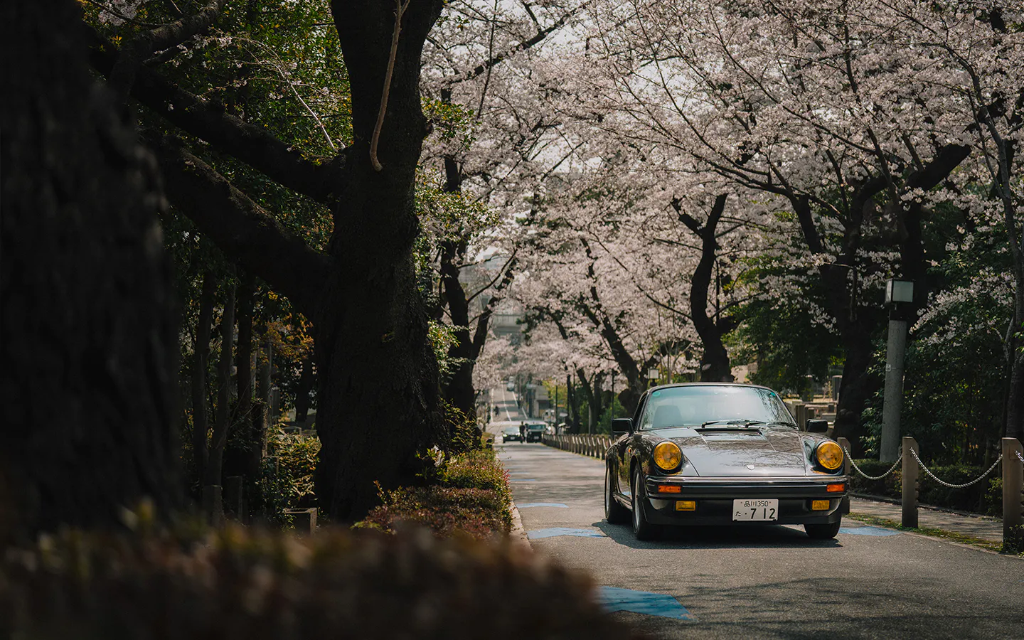 Wide angle shot of black Porsche 911 Carrera S/C in Tokyo