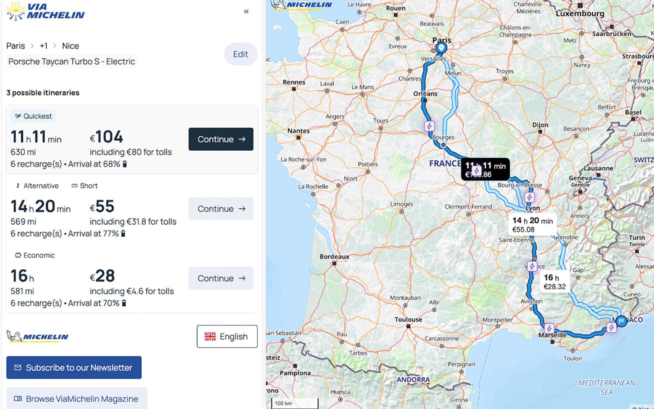 Screengrab from ViaMichelin web portal of Paris-Nice road trip