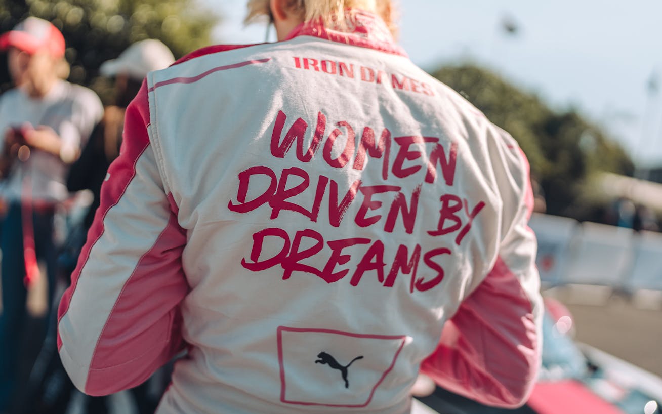 Rear view of Iron Dames’ driver Sarah Bovy at Goodwood Festival of Speed