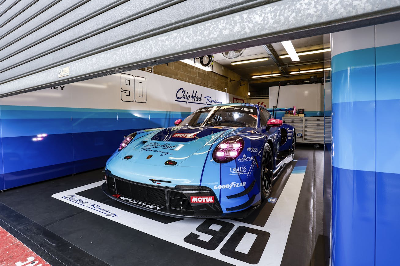 The Chip Hart Racing Porsche 911 GT3 R in the garage at Le Mans