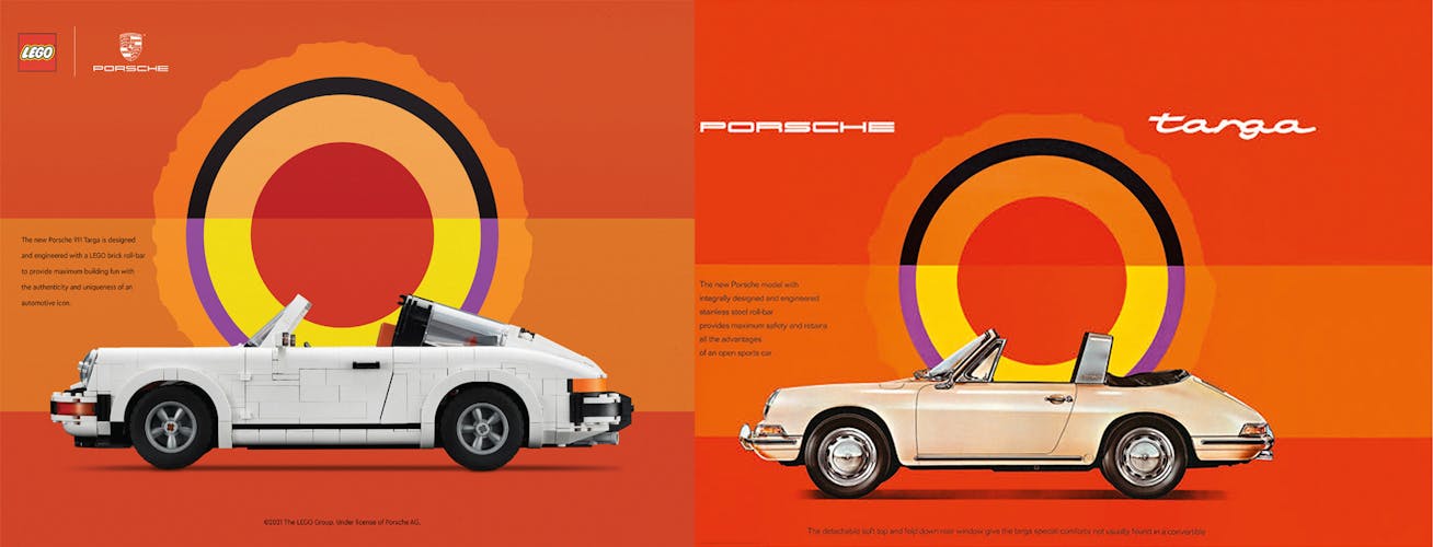 1967 Porsche 911 Targa ad alongside LEGO 930 Turbo version