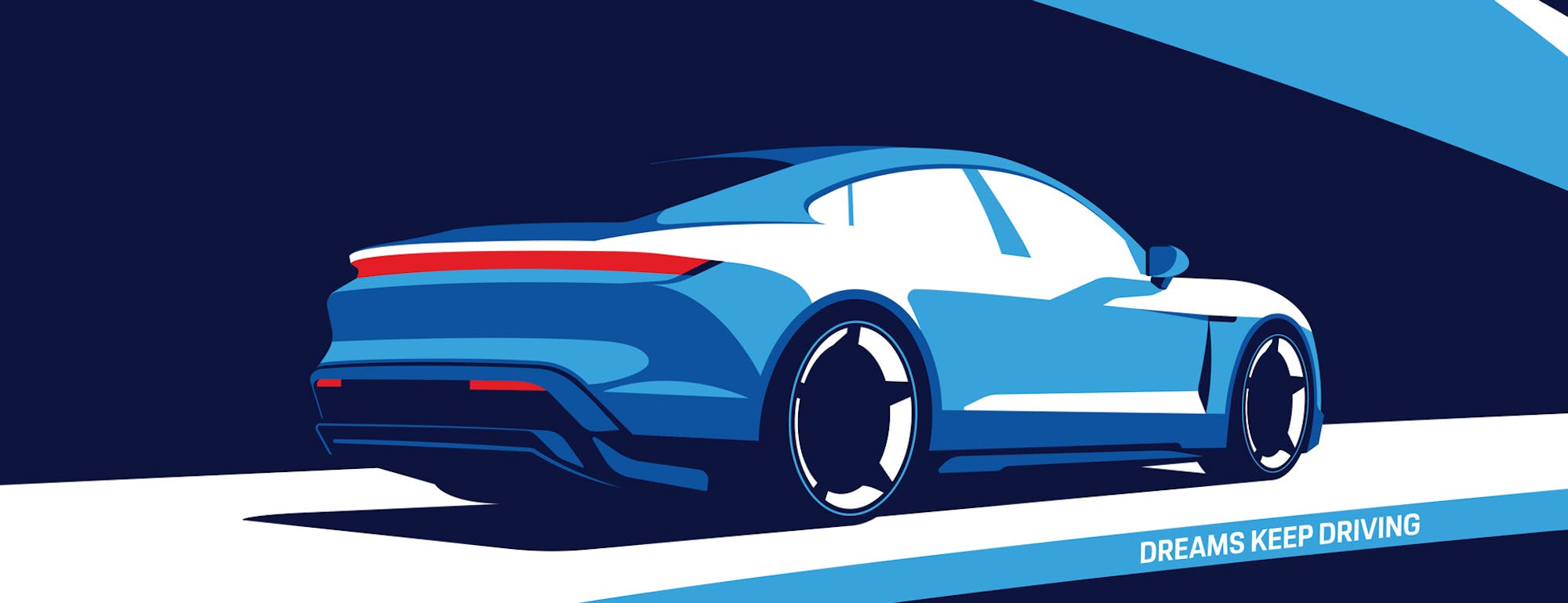 Six blue and red Porsche illustrations on light blue background