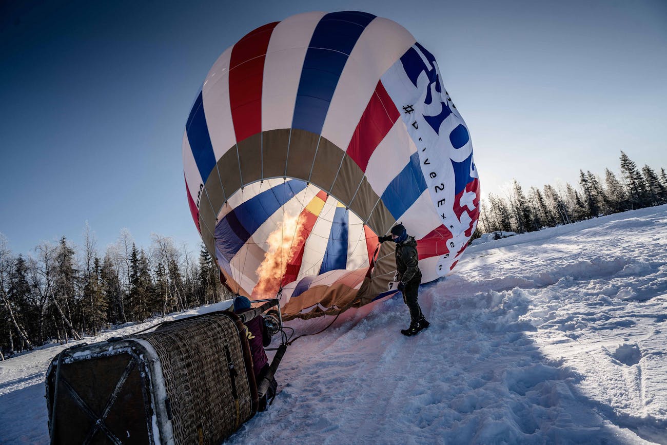 The hot air balloon is prepared for take-off