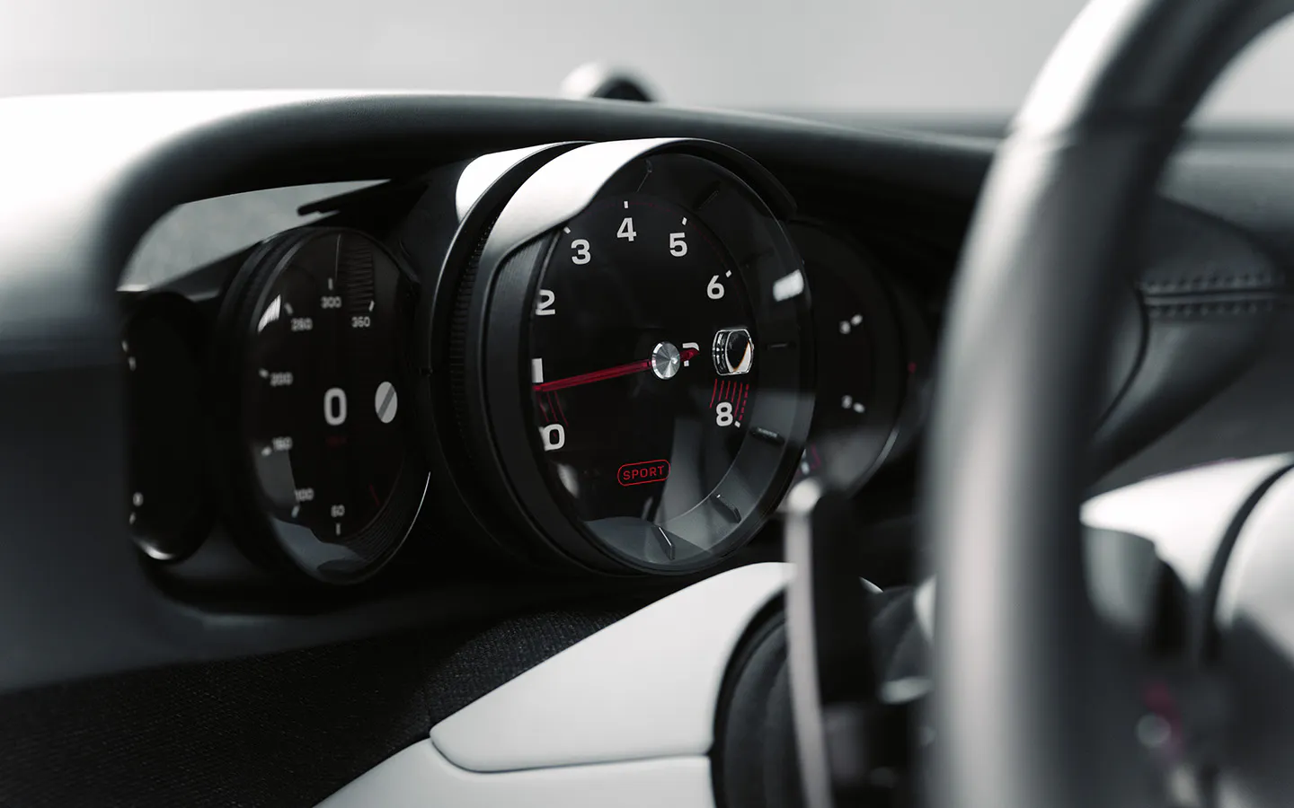 Interior of Porsche Mission S vision model showing five, round display cluster