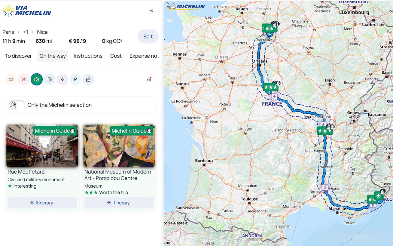 Screengrab from ViaMichelin web of road trip with sightseeing tips