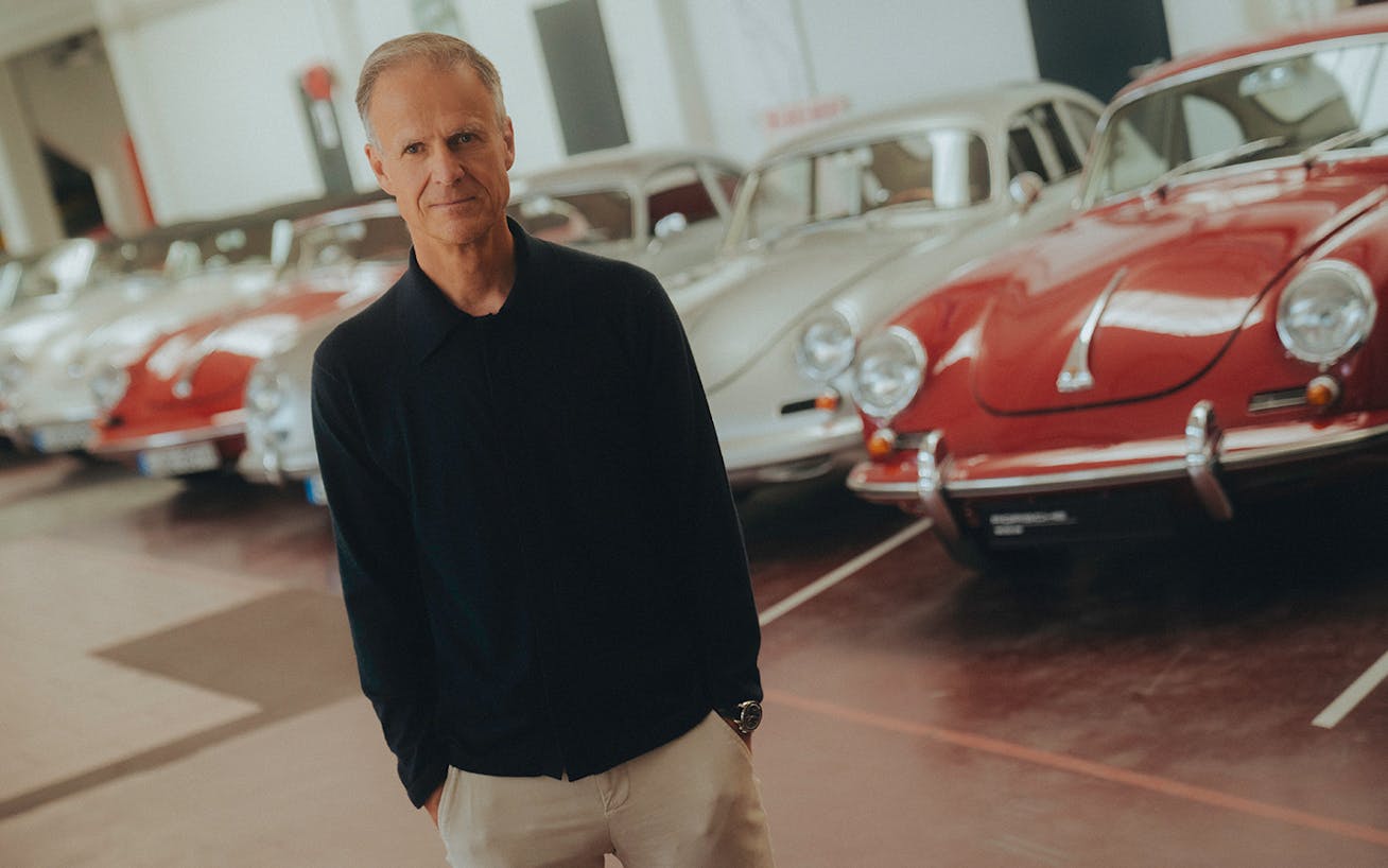 Michael Mauer, Vice President Style Porsche, with classic Porsche sportscars