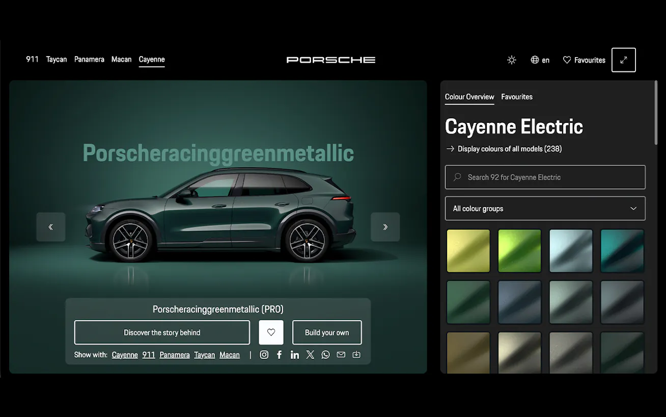 Porsche Cayenne Electric in the Paint to Sample colour Porscheracinggreenmetallic (PR0)