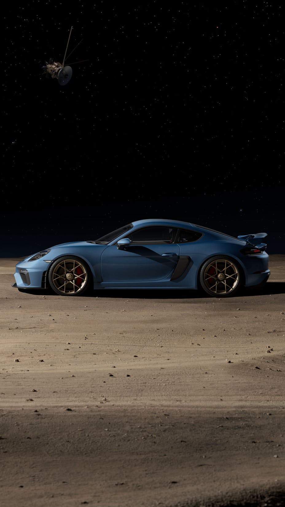 Blue Porsche 718 GT4 driving on Mars 