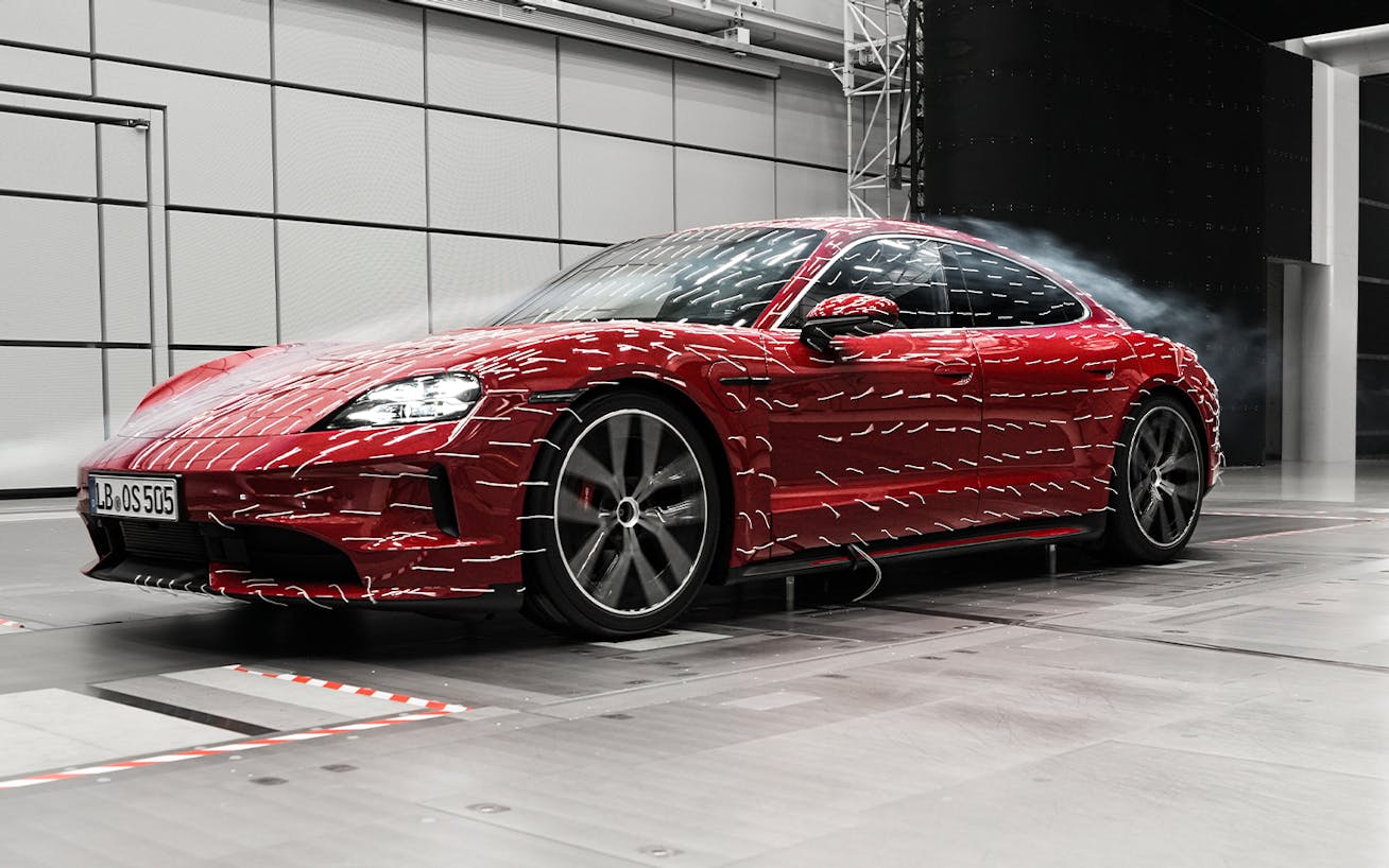 Porsche Taycan sport saloon in wind tunnel at Porsche Weissach