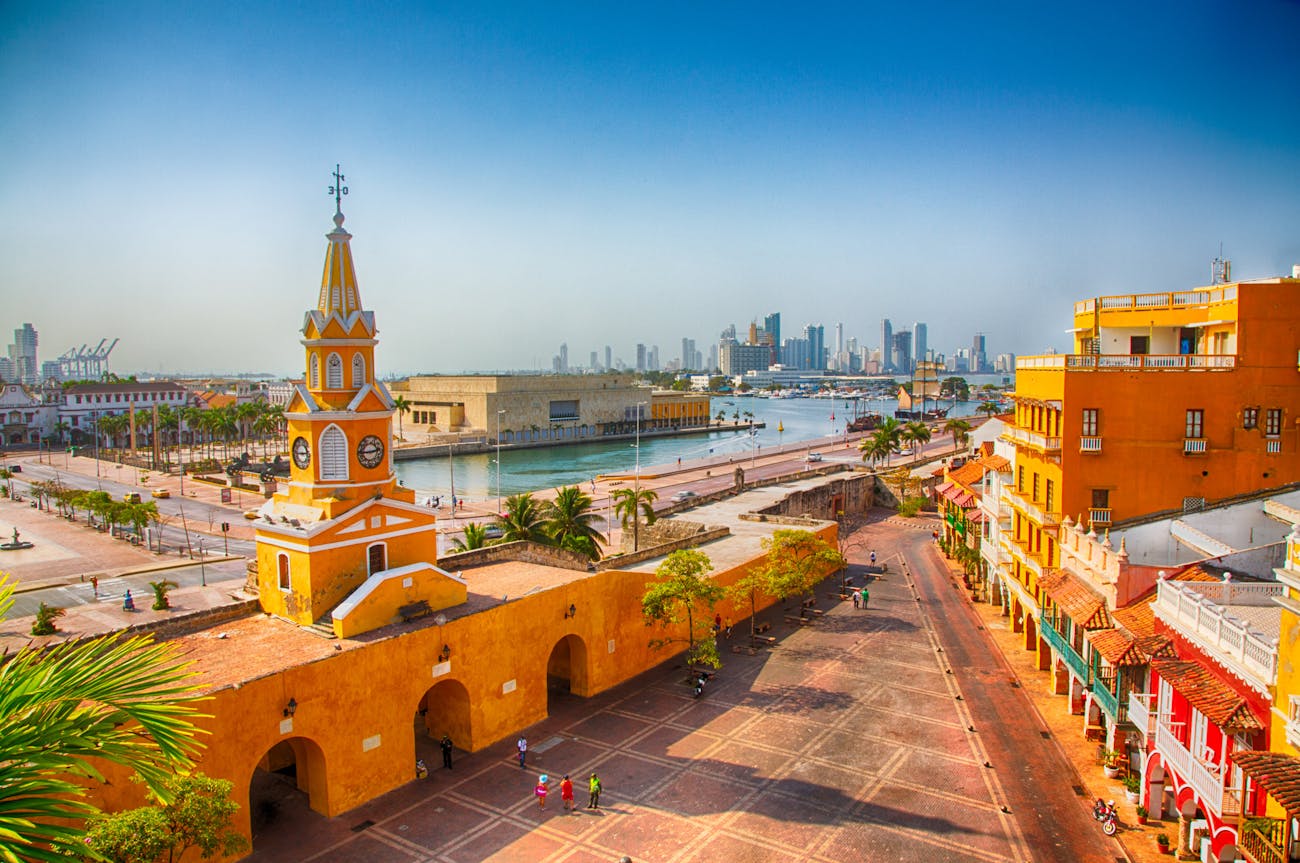 View from old city of new skyline of modern Cartagena