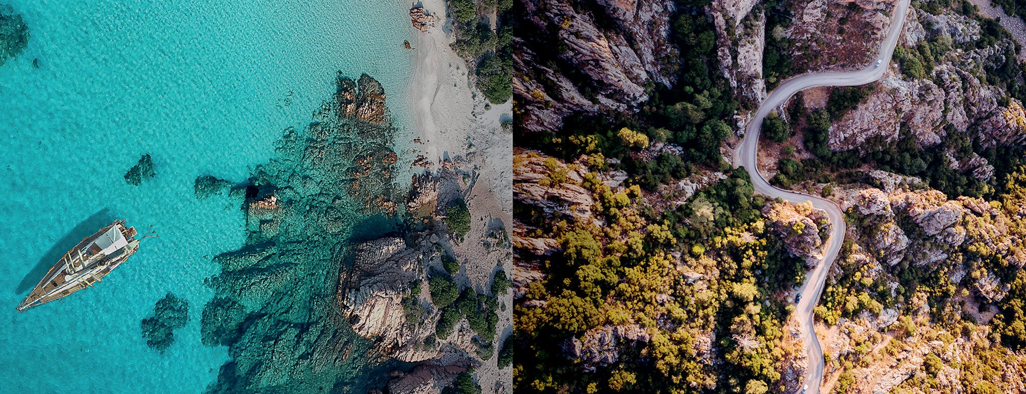 Porsche Travel Experience_montage of aerial views of scenery in Corsica and Sardinia 