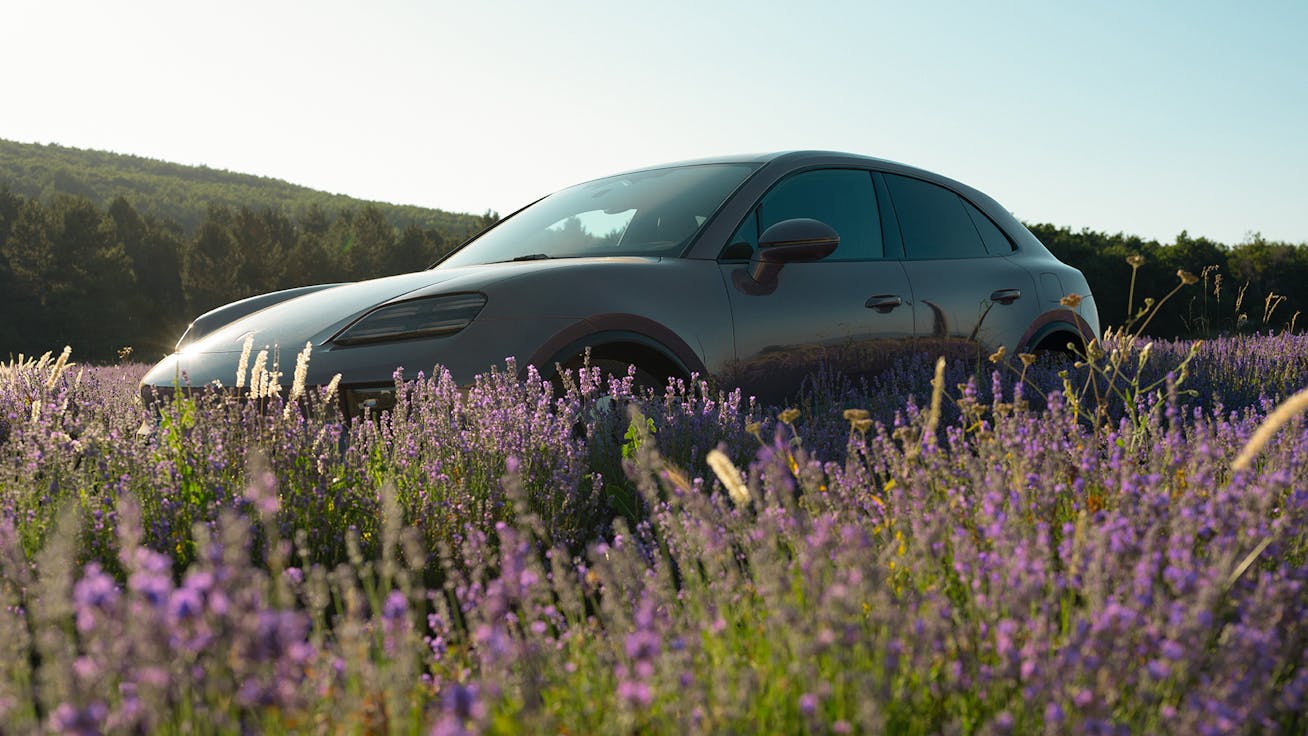 Porsche Macan 4 Electric parked in field of Provence lavender