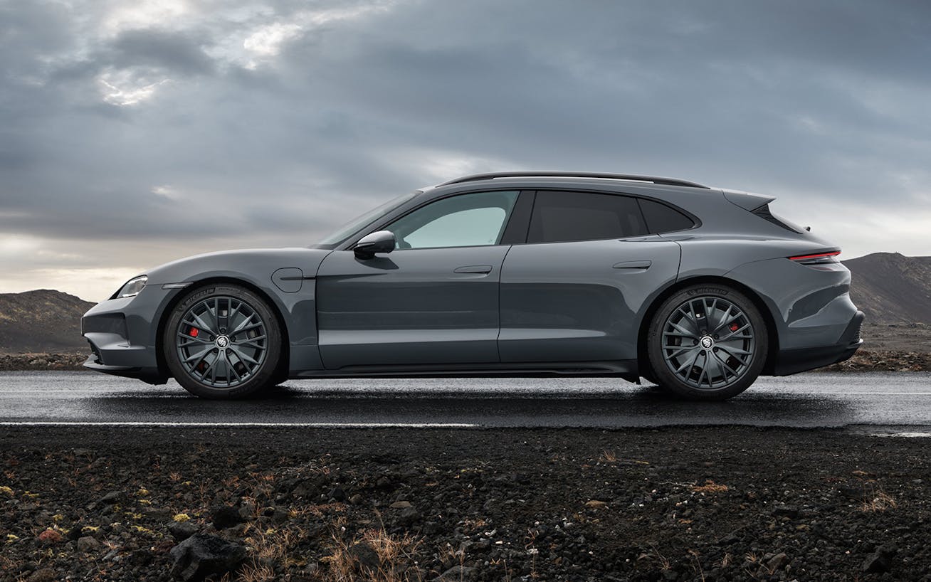 Porsche Taycan GTS Sport Turismo on remote road in Iceland