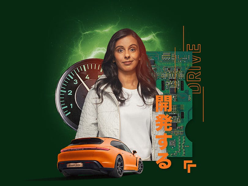Composite CGI image of Porsche employee working in electric drive engineering