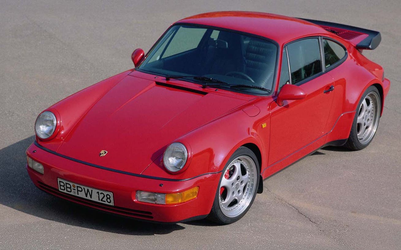 Three-quarters view of Porsche 911 Turbo 3.6 (type 964) in Guards Red