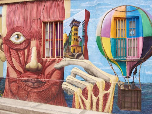 A colourful mural decorates a wall in Valparaíso, Chile