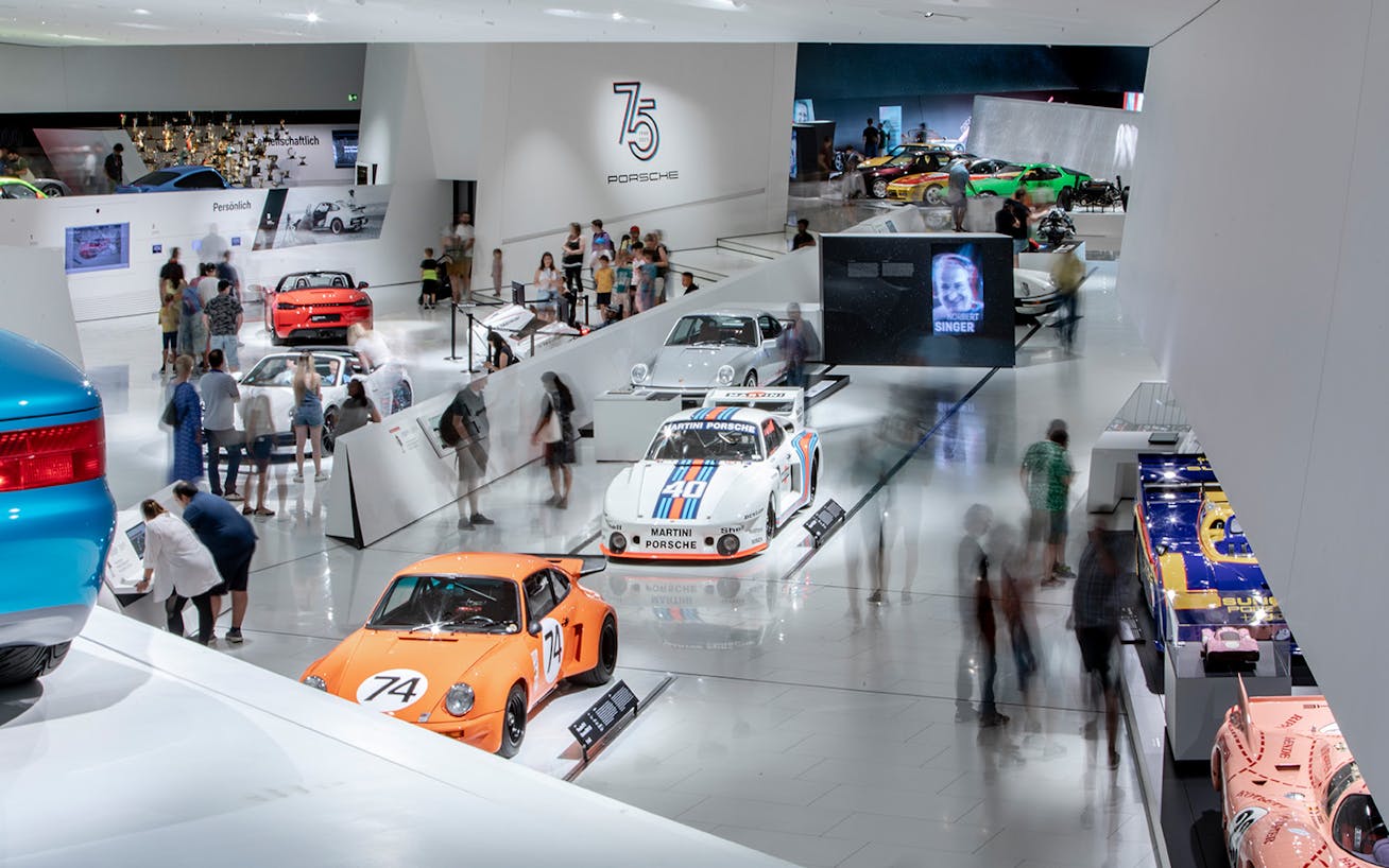 Classic Porsche cars displayed at Porsche Museum in Zuffenhausen, Germany