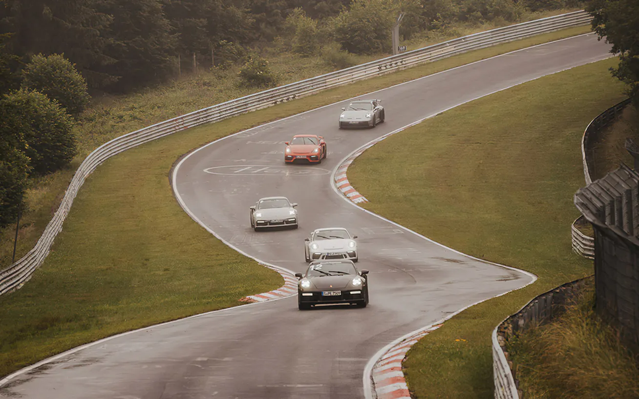 Porsche cars on track at Nürburgring Nordschleife