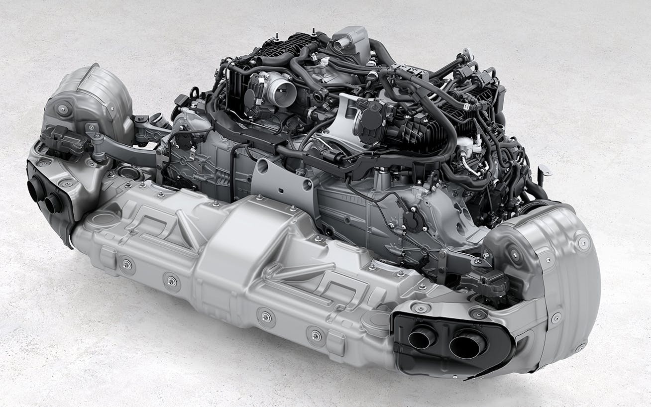 Cutaway image of engine of Porsche 911 Turbo S Cabriolet (type 992.2)