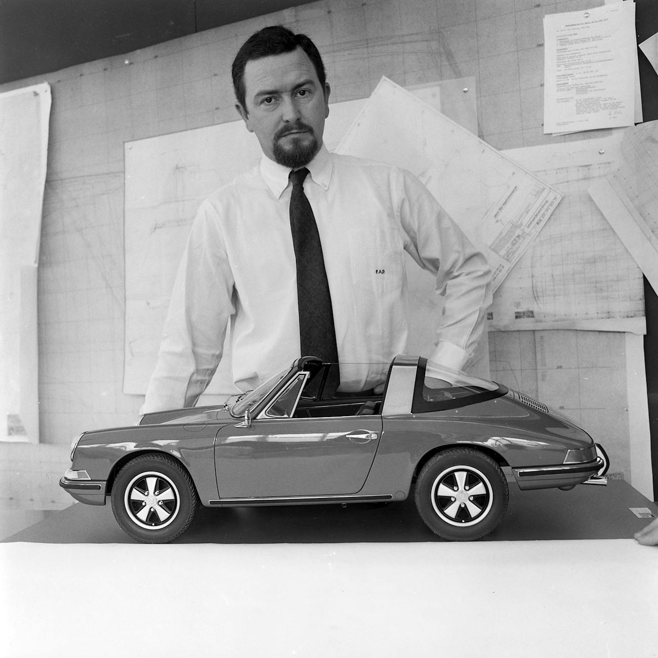 Ferdinand Alexander Porsche and 1:5-scale model of Porsche 911 Targa