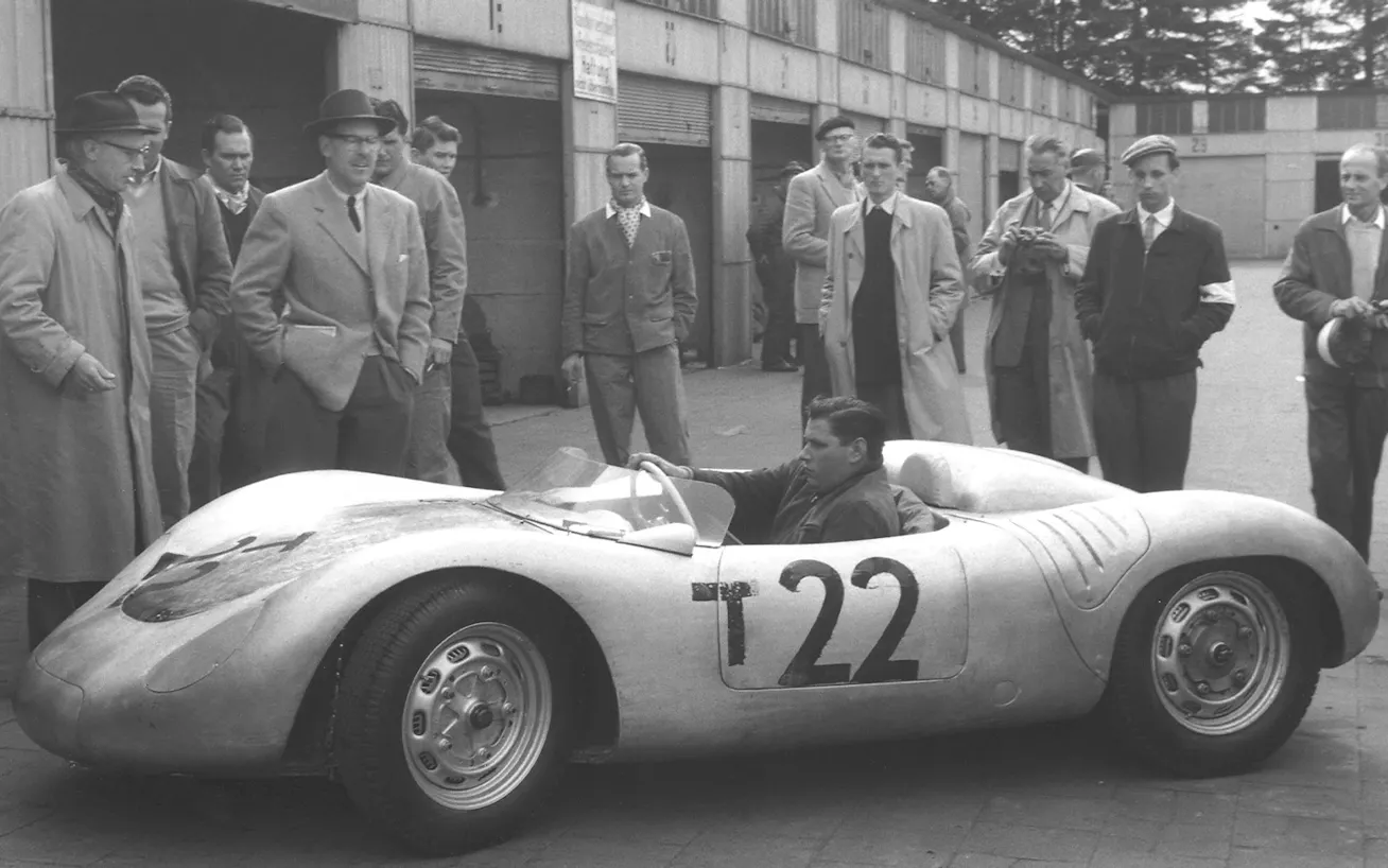 Porsche 718 RSK Spyder race car prepares for a test run at the Nürburgring in 1957