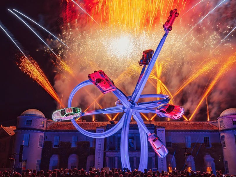 Fireworks and Porsche sculpture at Goodwood Festival of Speed