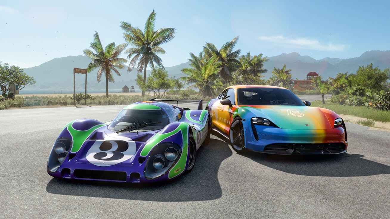 Front view of a Porsche 917 ‘Hippie’ and Porsche Taycan 4S ‘75 Years Porsche sports cars’ that feature in the racing game Forza Horizon 5