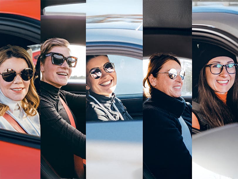 Collage of five women behind the wheel of a Porsche