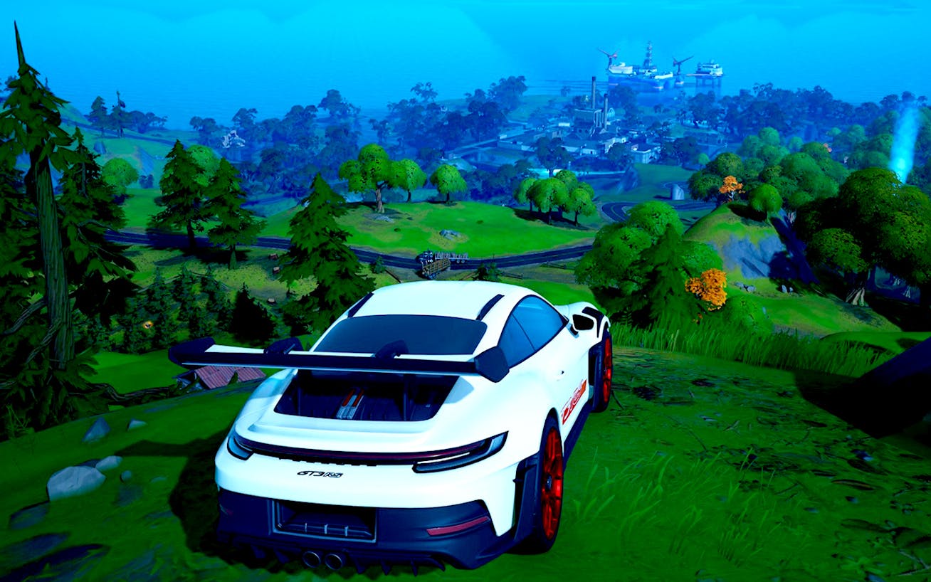 Screenshot of Porsche 911 GT3 RS on beach in Fortnite