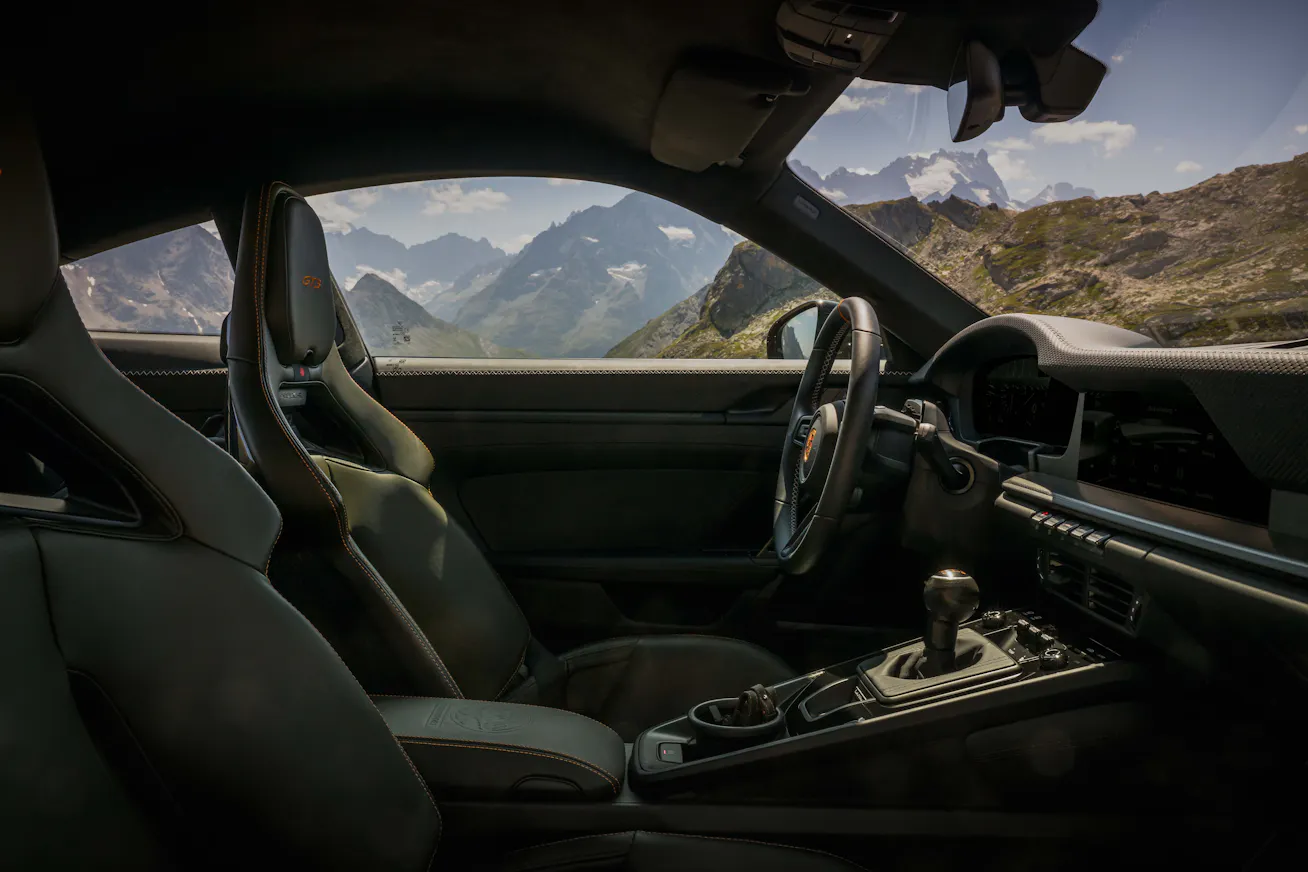 Interior view of GT3 Bergsport interior with mountains in background