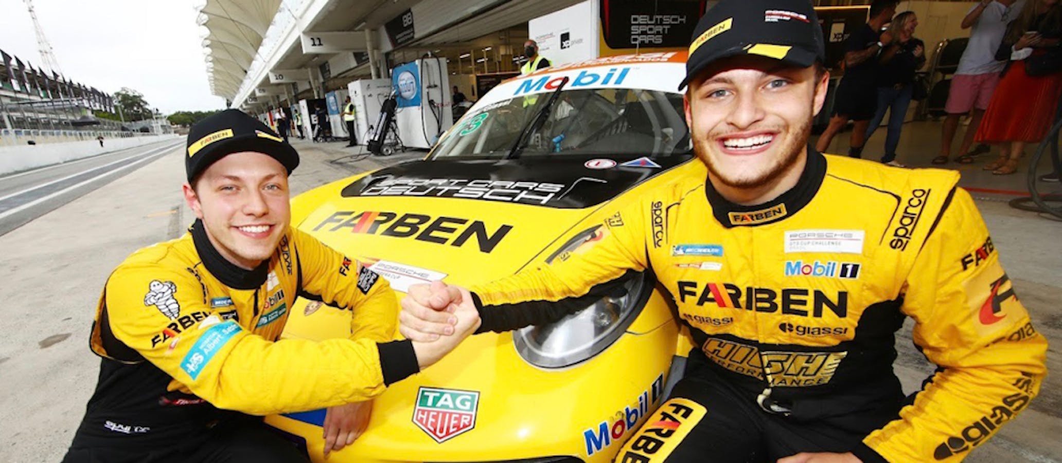 Porsche Cup Brasil driver, Jeff Giassi, with team-mate Enzo Elias in 2021