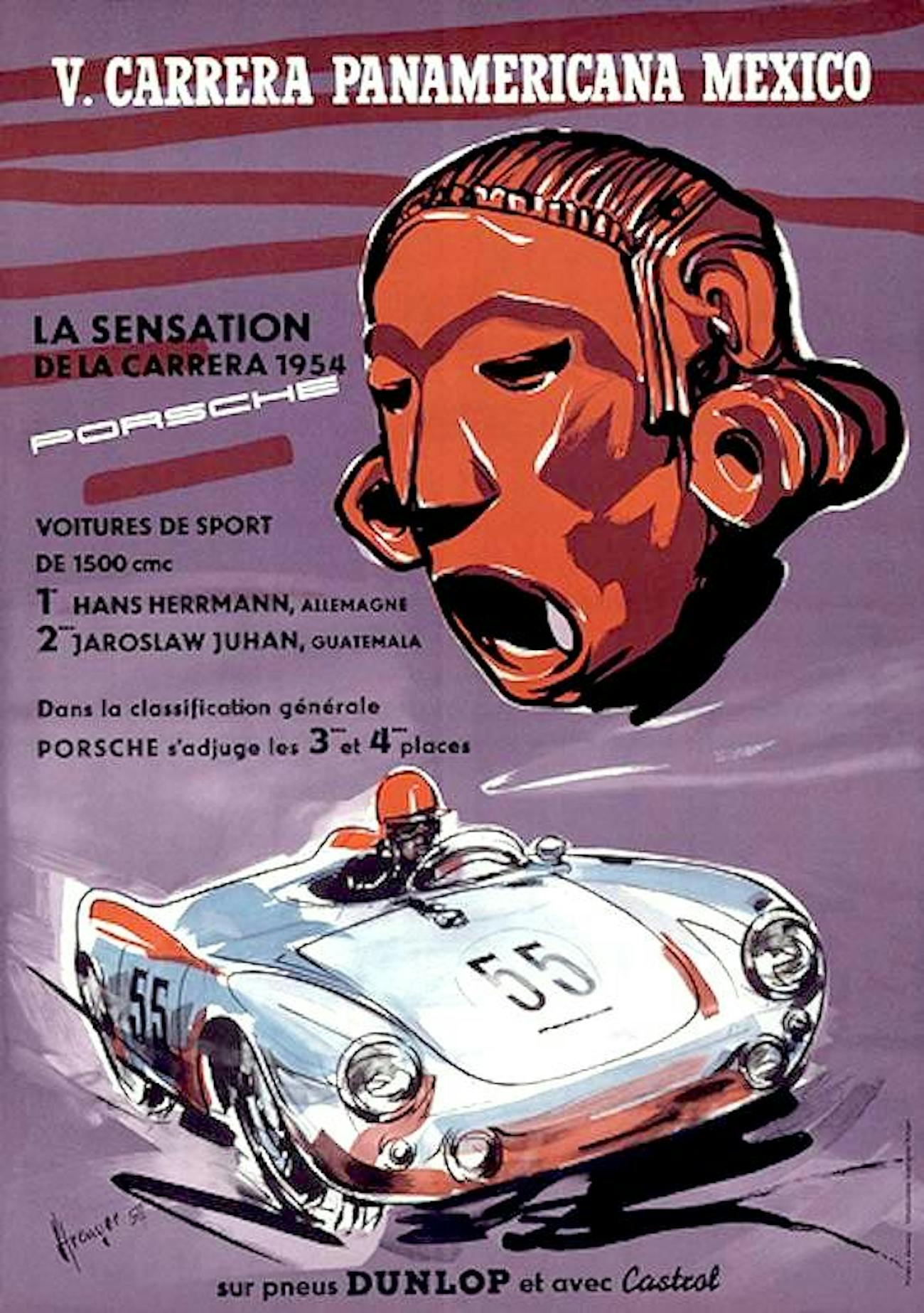 Original poster of Carrera Panamericana featuring illustration of Porsche 550