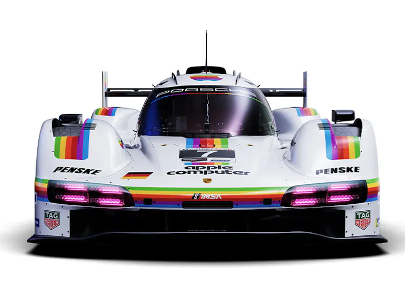 Studio image of front view of Porsche Penske Motorsport 963 racecar wearing Apple Computer livery_thumbnail