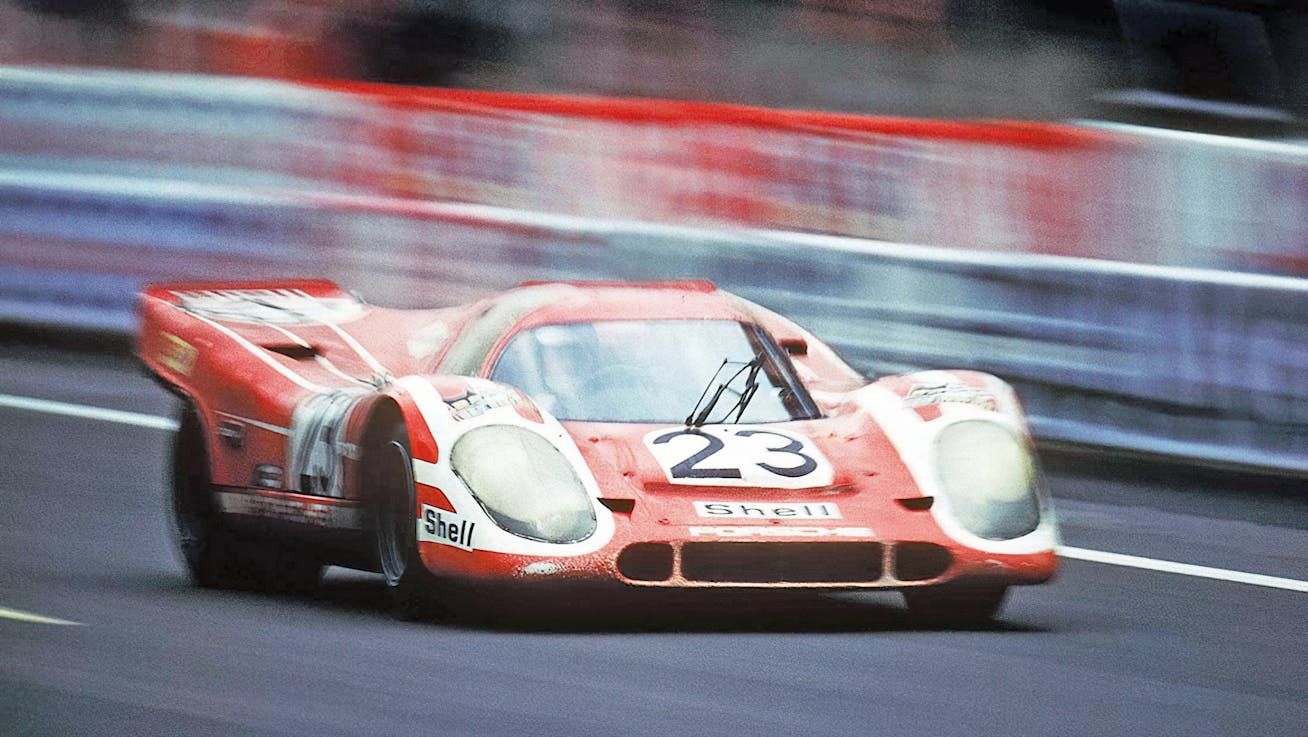 The Porsche 917 K race car that won the 1971 24 Hours of Le Mans, driven by Gijs van Lennep and Helmut Marko
