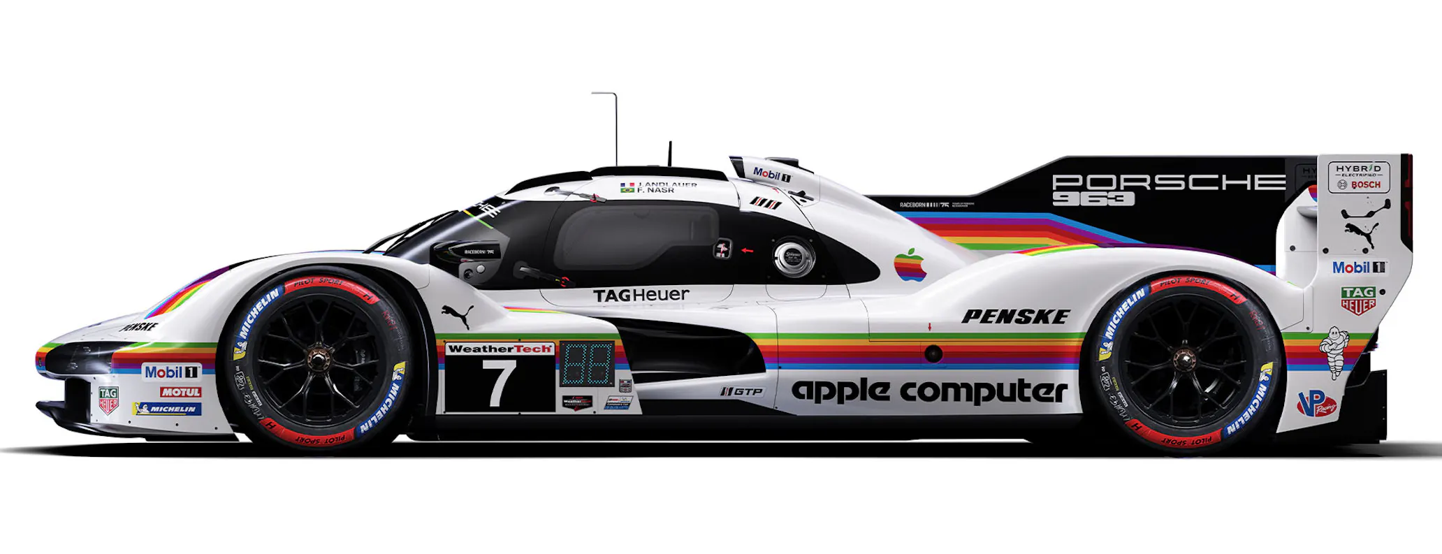 Studio image of side view of Porsche Penske Motorsport 963 racecar wearing Apple Computer livery_hero desktop