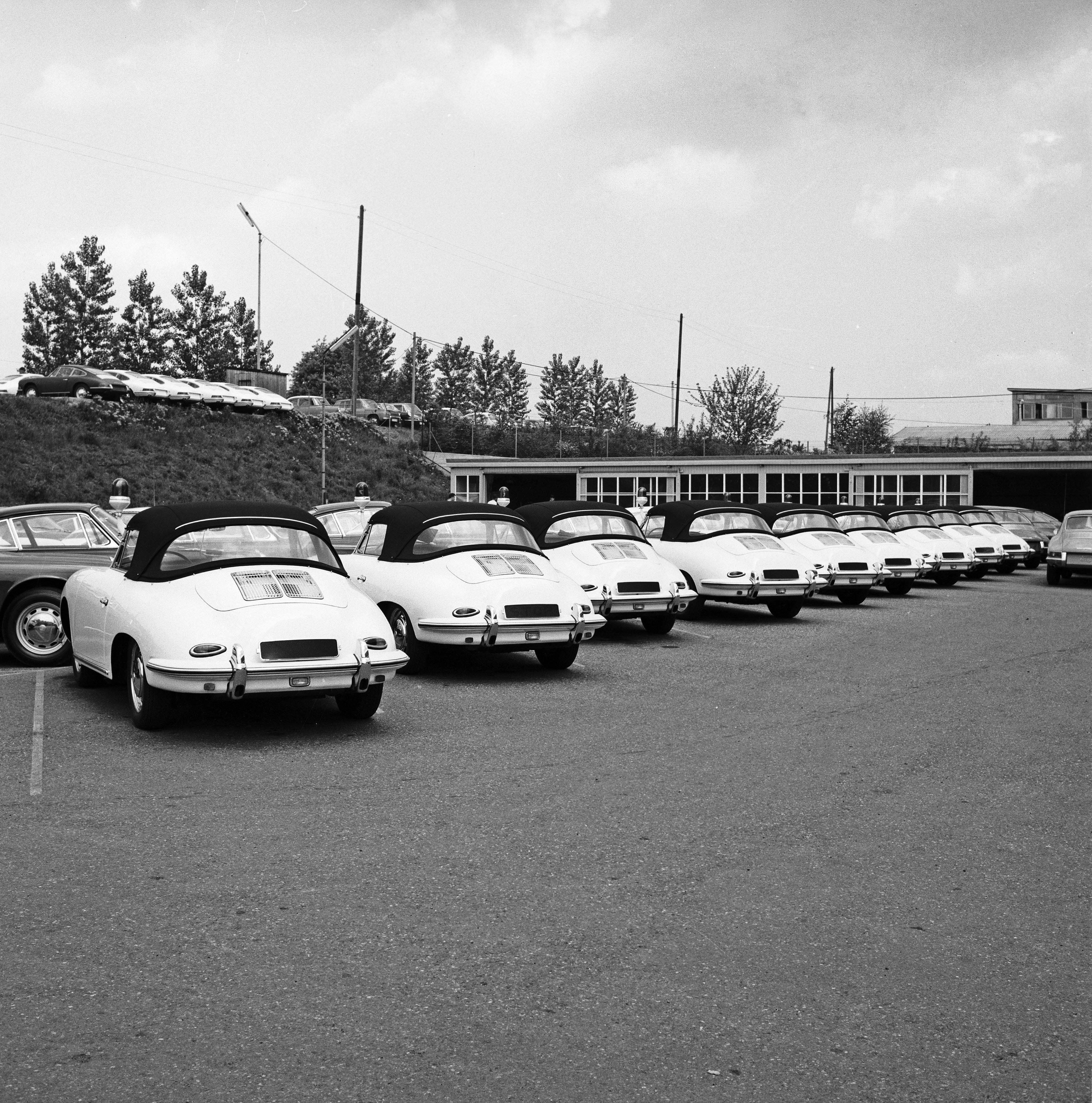 Row of Porsche 356 police cars at the Porsche factory