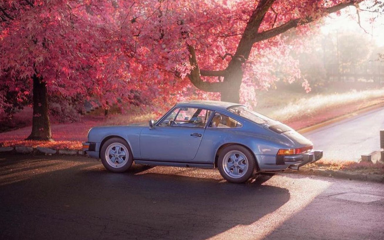 Light blue Porsche 911 under cherry tree in blossom