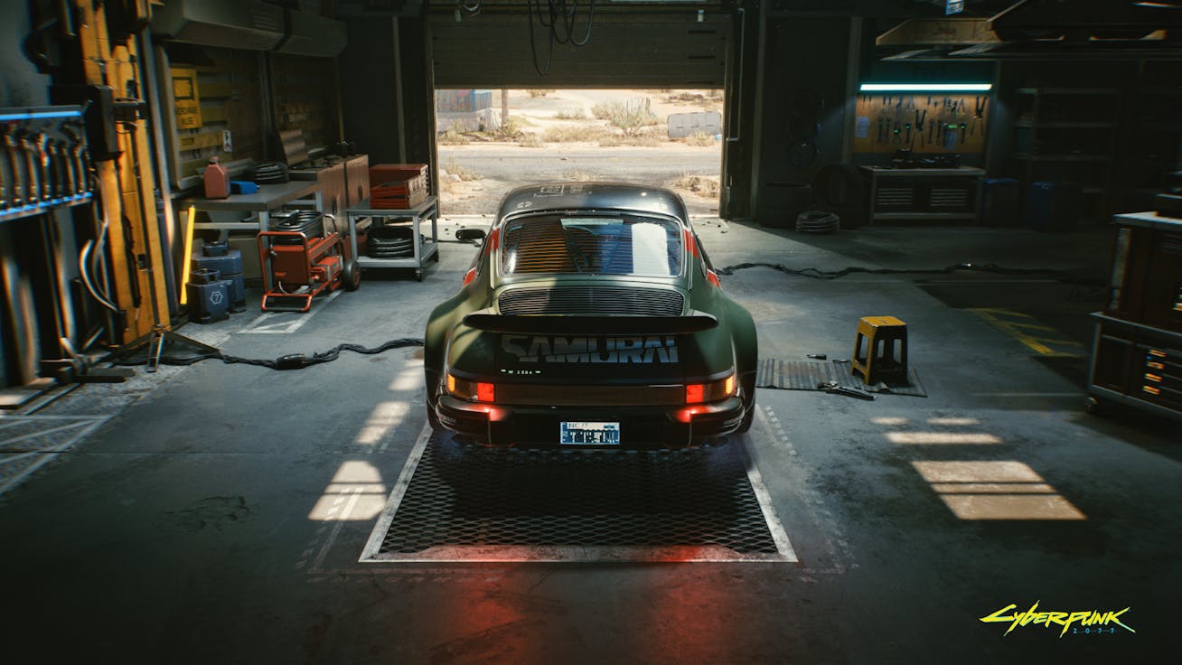 The Porsche 911 Turbo from Cyberpunk 2077 parked in a garage