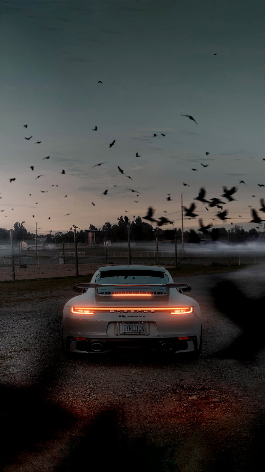 Rear view of Porsche 911 (992) Carrera 4S at twilight