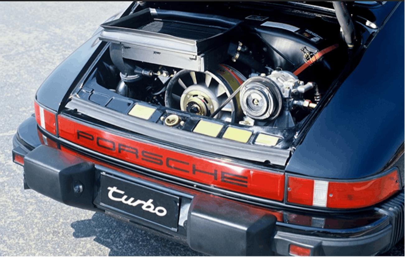 Engine bay in rear of 1986 Porsche 911 Turbo (type 930)